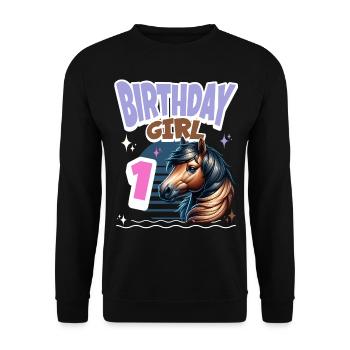 Pferd 1. Geburtstag Mädchen Kinder - Unisex Pullover - Schwarz - Vorne - Alina (178cm) & Michal (187cm)