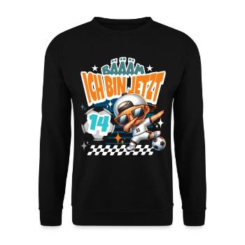 Fußball 14. Geburtstag Bääm Ich Bin Jetzt 14 - Unisex Pullover - Schwarz - Vorne - Alina (178cm) & Michal (187cm)