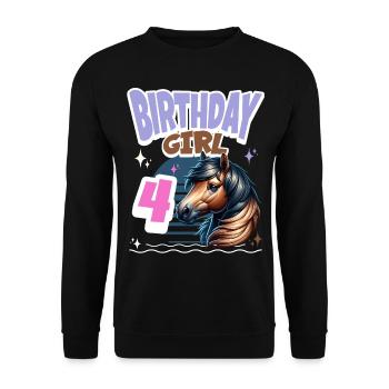 Pferd 4. Geburtstag Mädchen Kinder - Unisex Pullover - Schwarz - Vorne - Alina (178cm) & Michal (187cm)