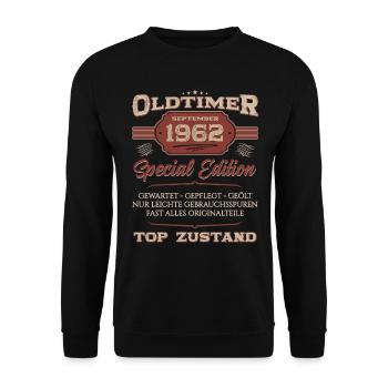 62. Geburtstag September Oldtimer 1962 Jahrgang - Unisex Pullover - Schwarz - Vorne - Alina (178cm) & Michal (187cm)