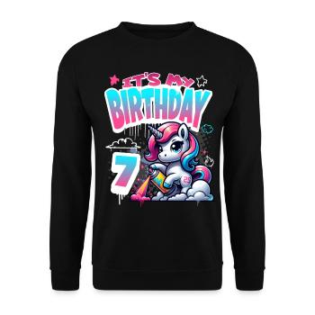 7ème anniversaire Licorne Graffiti Girl - Sweat-shirt Unisexe - noir - Devant - Alina (178cm) & Michal (187cm)