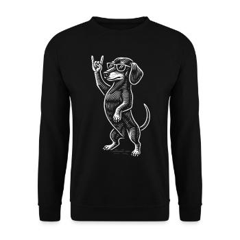 Rock Musik Funny Heavy Metal Retro Dachshund - Unisex Pullover - Schwarz - Vorne - Alina (178cm) & Michal (187cm)