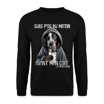Hund und Morgenkaffee Humor Zitat - Unisex Pullover - Schwarz - Vorne - Alina (178cm) & Michal (187cm)