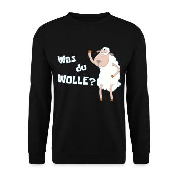 Wütendes Schaf fragt: "Was du Wolle?" - Wortwitz - Unisex Pullover - Schwarz - Vorne - Alina (178cm) & Michal (187cm)