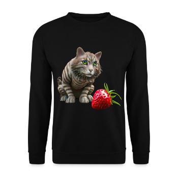Katze vor riesiger Erdbeere - Unisex Pullover - Schwarz - Vorne - Alina (178cm) & Michal (187cm)