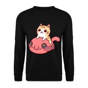 Katze reitet einen Blobfisch - Unisex Pullover - Schwarz - Vorne - Alina (178cm) & Michal (187cm)