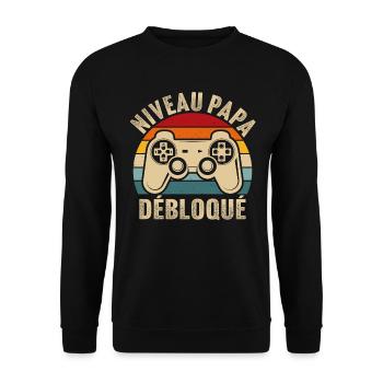Papa niveau débloqué rétro t shirt père gamer geek - Sweat-shirt Unisexe - noir - Devant - Alina (178cm) & Michal (187cm)