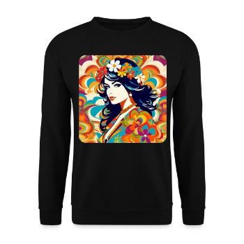 Flower Power Frau in Retro Look - Unisex Pullover - Schwarz - Vorne - Alina (178cm) & Michal (187cm)