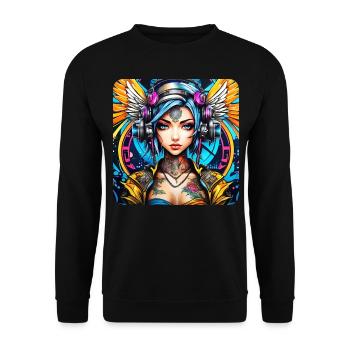 Cooler Cyberpunk Engel mit Kopfhörer - Unisex Pullover - Schwarz - Vorne - Alina (178cm) & Michal (187cm)