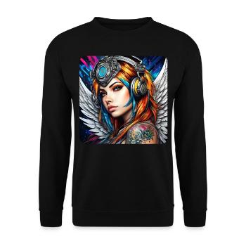 Cooler Cyberpunk Engel mit Kopfhörer - Unisex Pullover - Schwarz - Vorne - Alina (178cm) & Michal (187cm)