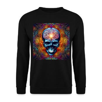 Cooler bunter Psychedelischer Totenkopf - Unisex Pullover - Schwarz - Vorne - Alina (178cm) & Michal (187cm)