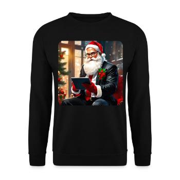 Cooler moderner Weihnachtsmann im Anzug und Tablet - Unisex Pullover - Schwarz - Vorne - Alina (178cm) & Michal (187cm)