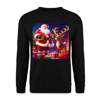 Dicker Weihnachtsmann und süßes Rentier - Unisex Pullover - Schwarz - Vorne - Alina (178cm) & Michal (187cm)