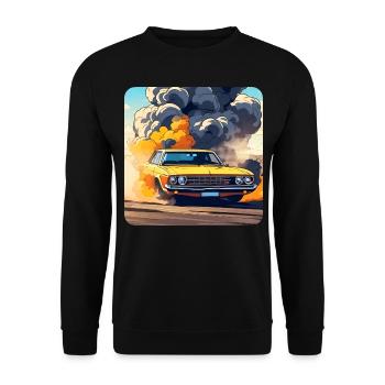 Oldtimer Drift Auto Turbo Rallye mit Rauch - Unisex Pullover - Schwarz - Vorne - Alina (178cm) & Michal (187cm)