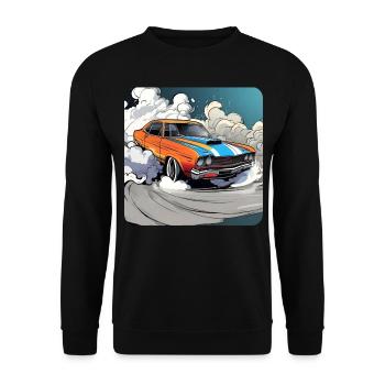 Oldtimer Drift Auto Turbo Rallye mit Rauch - Unisex Pullover - Schwarz - Vorne - Alina (178cm) & Michal (187cm)
