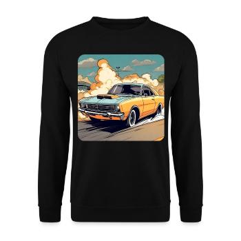 Oldtimer Drift Auto Turbo Rallye mit Rauch - Unisex Pullover - Schwarz - Vorne - Alina (178cm) & Michal (187cm)