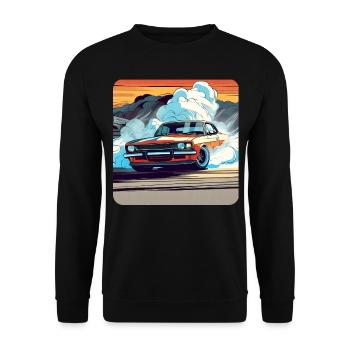 Oldtimer Drift Auto Turbo Rallye mit Rauch - Unisex Pullover - Schwarz - Vorne - Alina (178cm) & Michal (187cm)