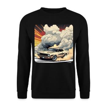 Oldtimer Drift Auto Turbo Rallye mit Rauch - Unisex Pullover - Schwarz - Vorne - Alina (178cm) & Michal (187cm)