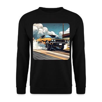 Oldtimer Drift Auto Turbo Rallye mit Rauch - Unisex Pullover - Schwarz - Vorne - Alina (178cm) & Michal (187cm)