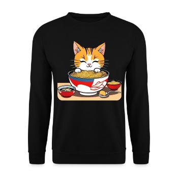 Niedliche asiatische Katze und Ramen Nudeln - Unisex Pullover - Schwarz - Vorne - Alina (178cm) & Michal (187cm)
