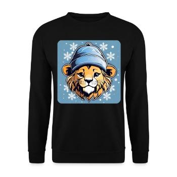 Niedlicher Löwe mit Wintermütze und Schneeflocken - Unisex Pullover - Schwarz - Vorne - Alina (178cm) & Michal (187cm)