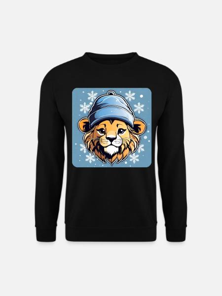 Niedlicher Löwe mit Wintermütze und Schneeflocken - Unisex Pullover - Schwarz