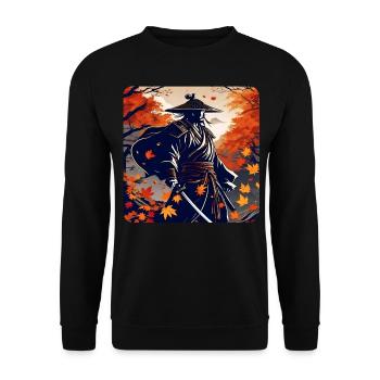 Stolzer Samurai Krieger mit Katana im Herbst - Unisex Pullover - Schwarz - Vorne - Alina (178cm) & Michal (187cm)