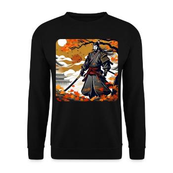 Stolzer Samurai Krieger mit Katana im Herbst - Unisex Pullover - Schwarz - Vorne - Alina (178cm) & Michal (187cm)