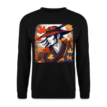 Stolzer Samurai Krieger im Herbst - Unisex Pullover - Schwarz - Vorne - Alina (178cm) & Michal (187cm)