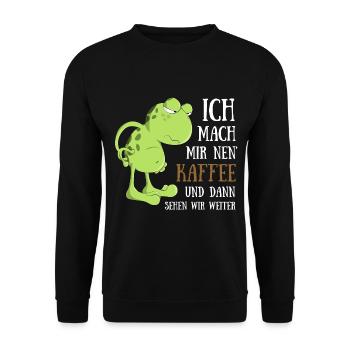 Frosch Kaffee trinken Morgenmuffel Spätaufsteher - Unisex Pullover - Schwarz - Vorne - Alina (178cm) & Michal (187cm)