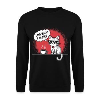 Pixel-Katze mit Kaffeetasse T-Shirt - Unisex Pullover - Schwarz - Vorne - Alina (178cm) & Michal (187cm)