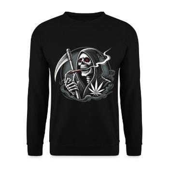 Schwarzer Humor rauchender Sensenmann zu Halloween - Unisex Pullover - Schwarz - Vorne - Alina (178cm) & Michal (187cm)