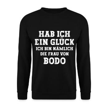 Ich bin die Frau von Bodo Hochzeit - Unisex Pullover - Schwarz - Vorne - Alina (178cm) & Michal (187cm)