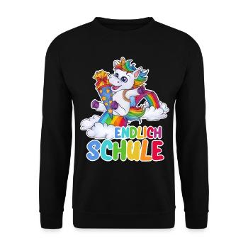 "Endlich Schule!" Einhorn Schulkind mit Zuckertüte - Unisex Pullover - Schwarz - Vorne - Alina (178cm) & Michal (187cm)