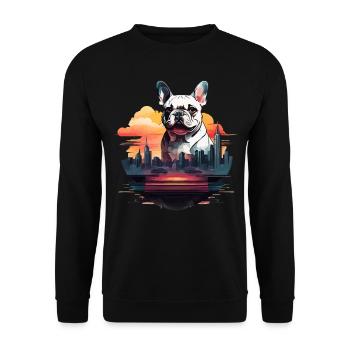 SILHOUETTE DER FRANZÖSISCHEN BULLDOGGE MIT EINEM SONNENUNTERGANG IN DER STADT - Unisex Pullover - Schwarz - Vorne - Alina (178cm) & Michal (187cm)