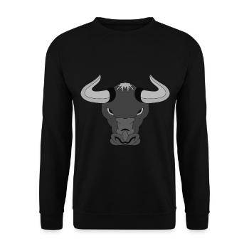 Landwirt Rind Tierkopf Motiv Aufdruck mit Stier - Unisex Pullover - Schwarz - Vorne - Alina (178cm) & Michal (187cm)