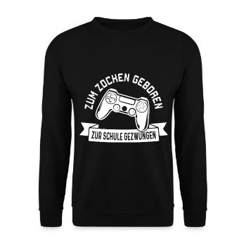 zum zocken geboren zur schule gezwungen - Unisex Pullover - Schwarz - Vorne - Alina (178cm) & Michal (187cm)