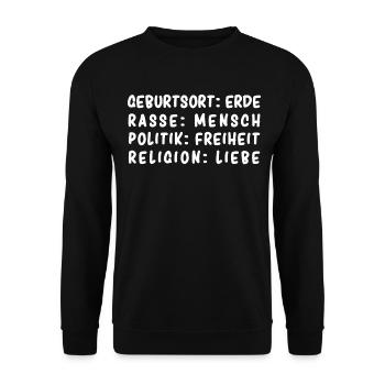 Geburtsort: Erde, Rasse: Mensch, Politik: Freiheit - Unisex Pullover - Schwarz - Vorne - Alina (178cm) & Michal (187cm)