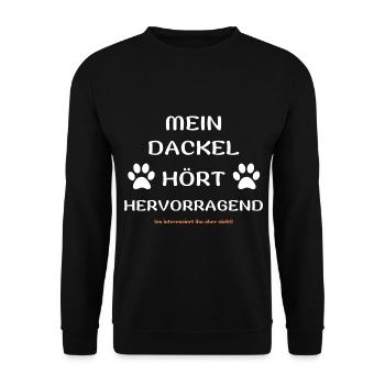 mein dackel hört hunde spruch geschenk idee - Unisex Pullover - Schwarz - Vorne - Alina (178cm) & Michal (187cm)