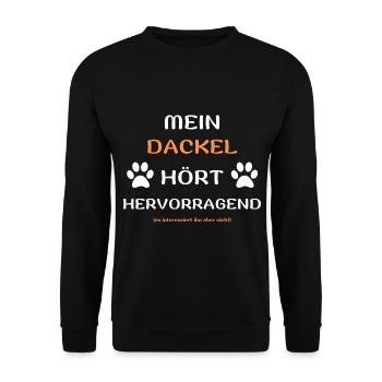 mein dackel hört hunde spruch geschenk idee - Unisex Pullover - Schwarz - Vorne - Alina (178cm) & Michal (187cm)