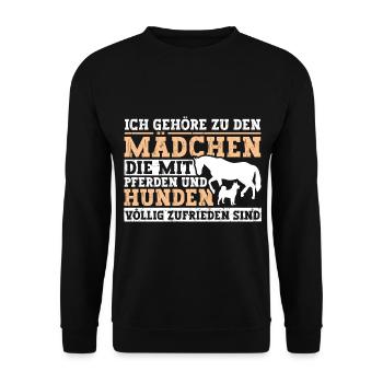Mit Pferden und Hunden völlig zufrieden - Unisex Pullover - Schwarz - Vorne - Alina (178cm) & Michal (187cm)
