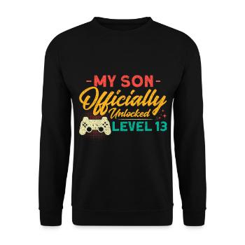 Mein Sohn freigeschaltet LVL Familie - Unisex Pullover - Schwarz - Vorne - Alina (178cm) & Michal (187cm)