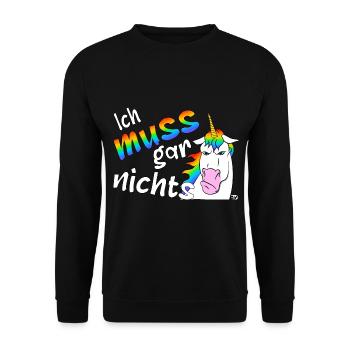 Lustiges böses Einhorn, ich muss gar nichts - Unisex Pullover - Schwarz - Vorne - Alina (178cm) & Michal (187cm)