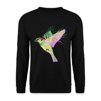 Bunter Fliegender Haussperling Splash Vogel Spatz - Unisex Pullover - Schwarz - Vorne - Alina (178cm) & Michal (187cm)