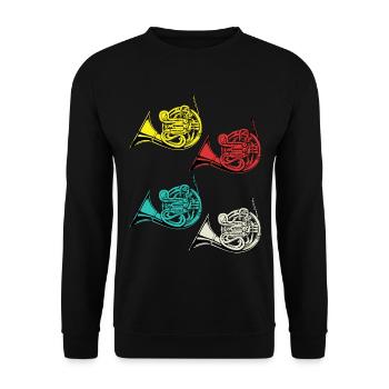 Horn Tshirt Orchester Big Band Vintage Waldhorn - Unisex Pullover - Schwarz - Vorne - Alina (178cm) & Michal (187cm)