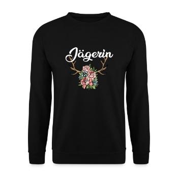 Jägerin Geweih Hirsch Rotwild Jäger Geschenk - Unisex Pullover - Schwarz - Vorne - Alina (178cm) & Michal (187cm)