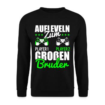 Gamer Bruder Aufleveln zum Grossen Bruder - Unisex Pullover - Schwarz - Vorne - Alina (178cm) & Michal (187cm)