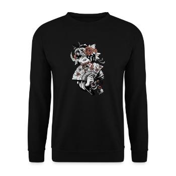 Geisha I Japan Mädchen Anime Motiv für Japanische - Unisex Pullover - Schwarz - Vorne - Alina (178cm) & Michal (187cm)
