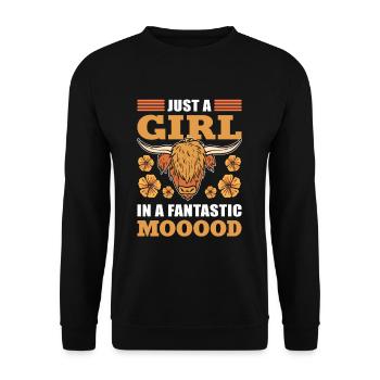 Just A Girl in a Fantastic Mooood Highland Cattle - Unisex Pullover - Schwarz - Vorne - Alina (178cm) & Michal (187cm)
