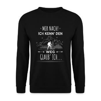 Mir nach Ich kenn den Weg Wander Spruch Wandern - Unisex Pullover - Schwarz - Vorne - Alina (178cm) & Michal (187cm)